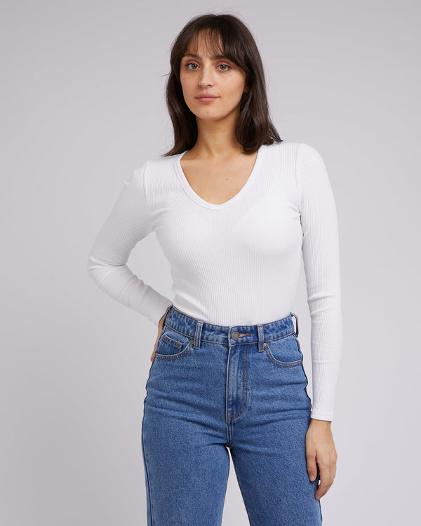 White Rib V Neck Long Sleeve Crop Top