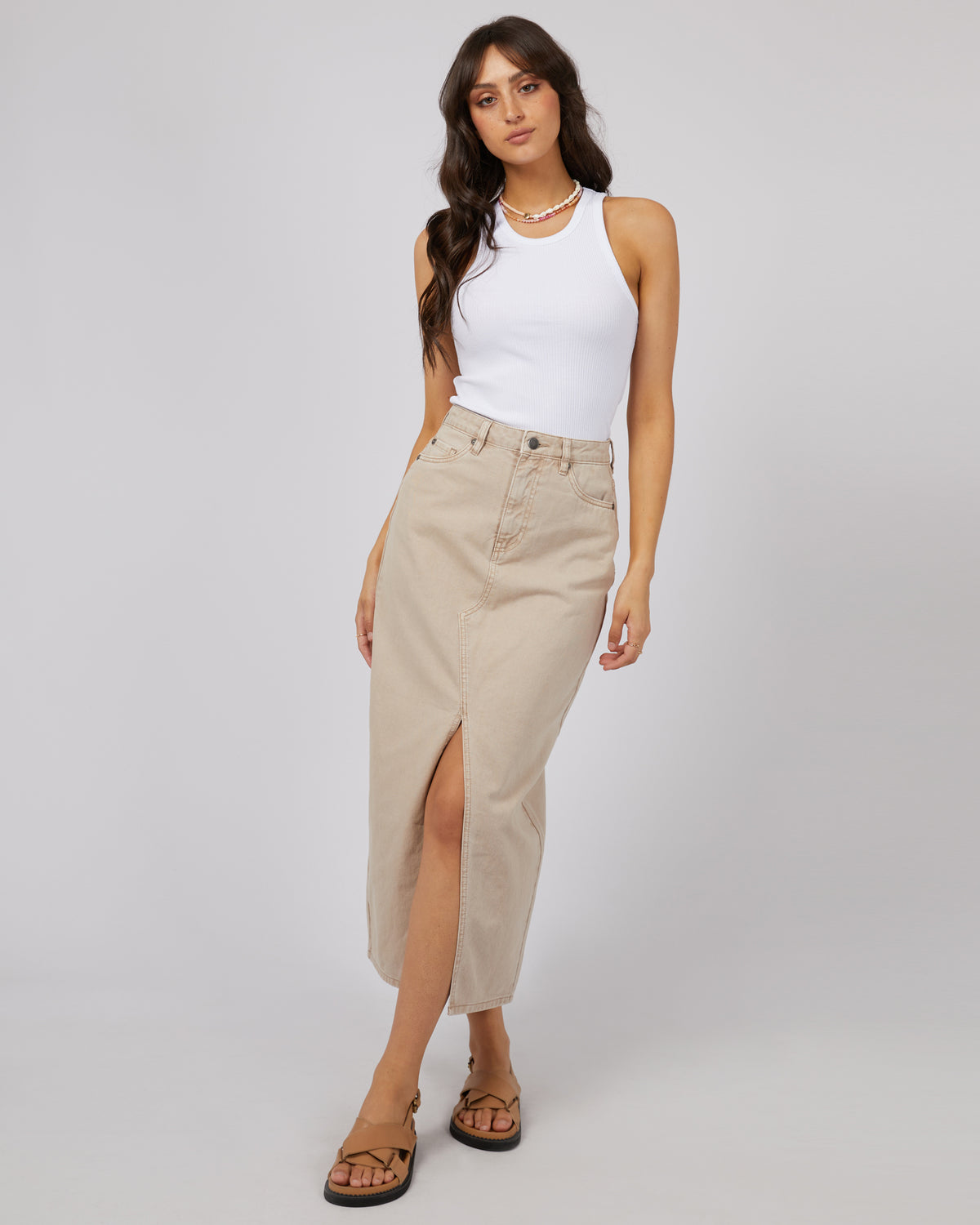 Pia Denim Maxi Skirt Beige