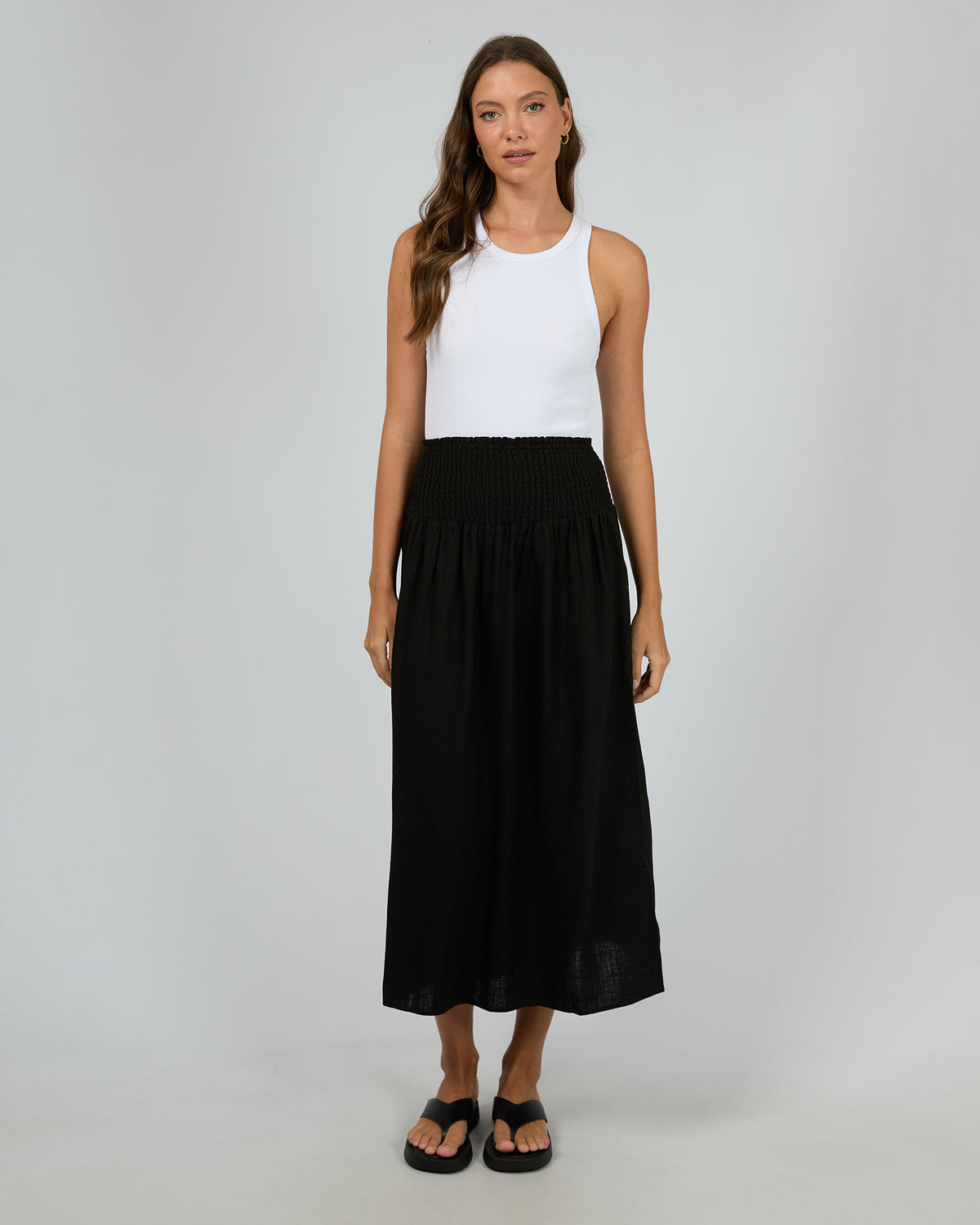 Luxe Linen Shirred Maxi Skirt Black