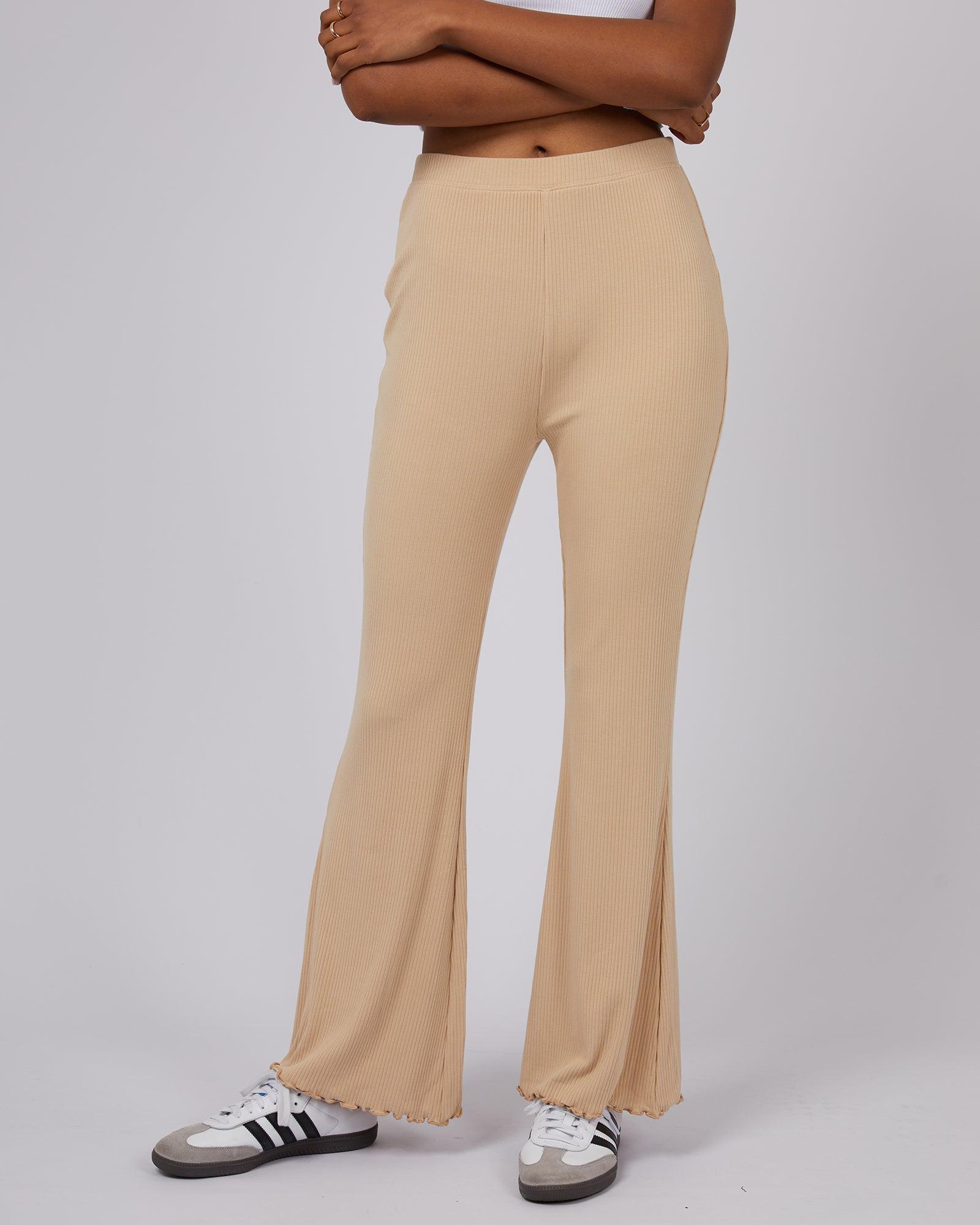 Beige Ribbed Flared Trousers