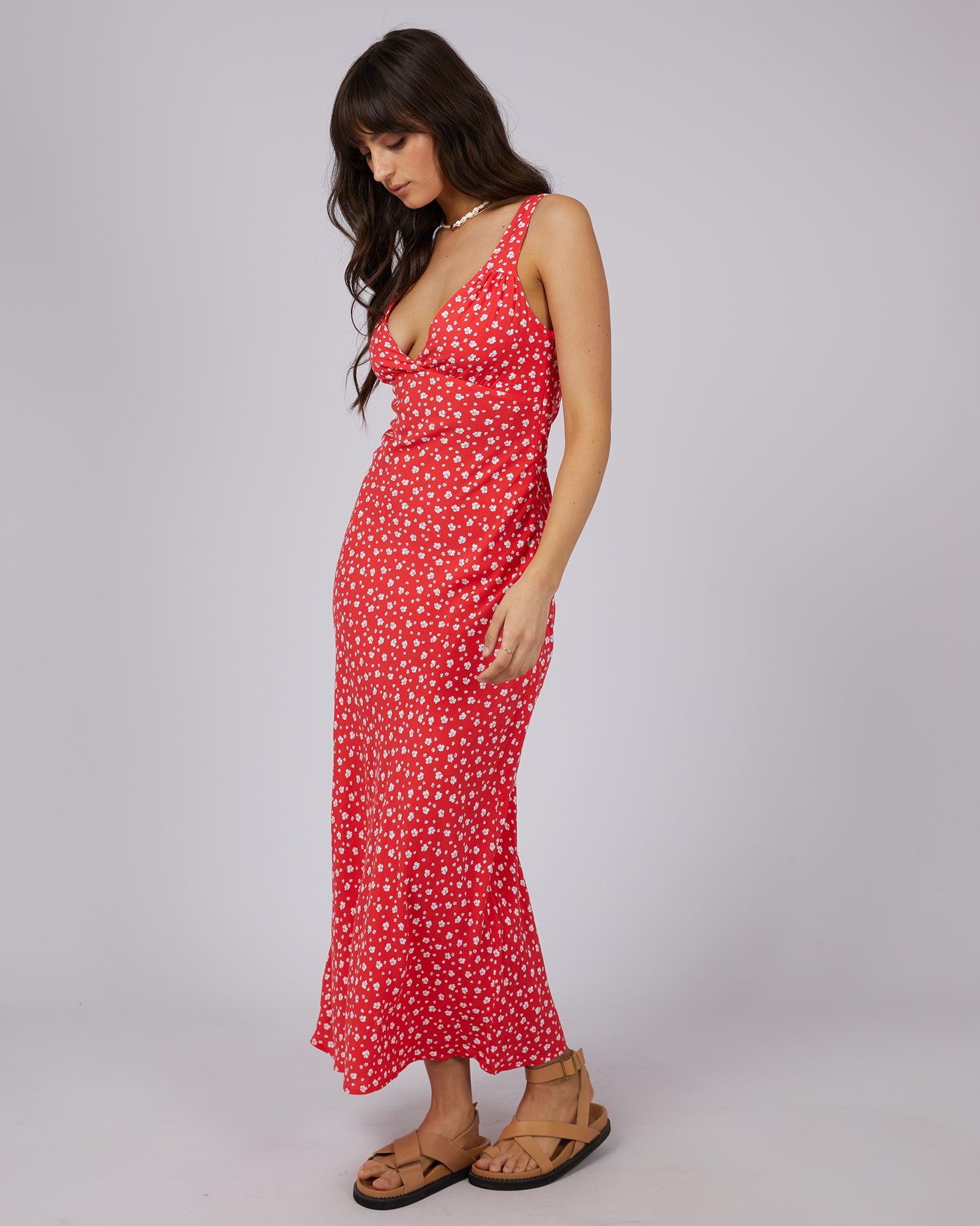 Red Floral Print Jersey Split Cami Midi Dress