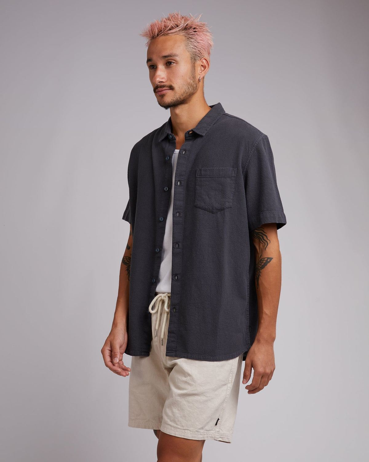 Silent Theory-Hemp Short Sleeve Shirt Charcoal-Edge Clothing