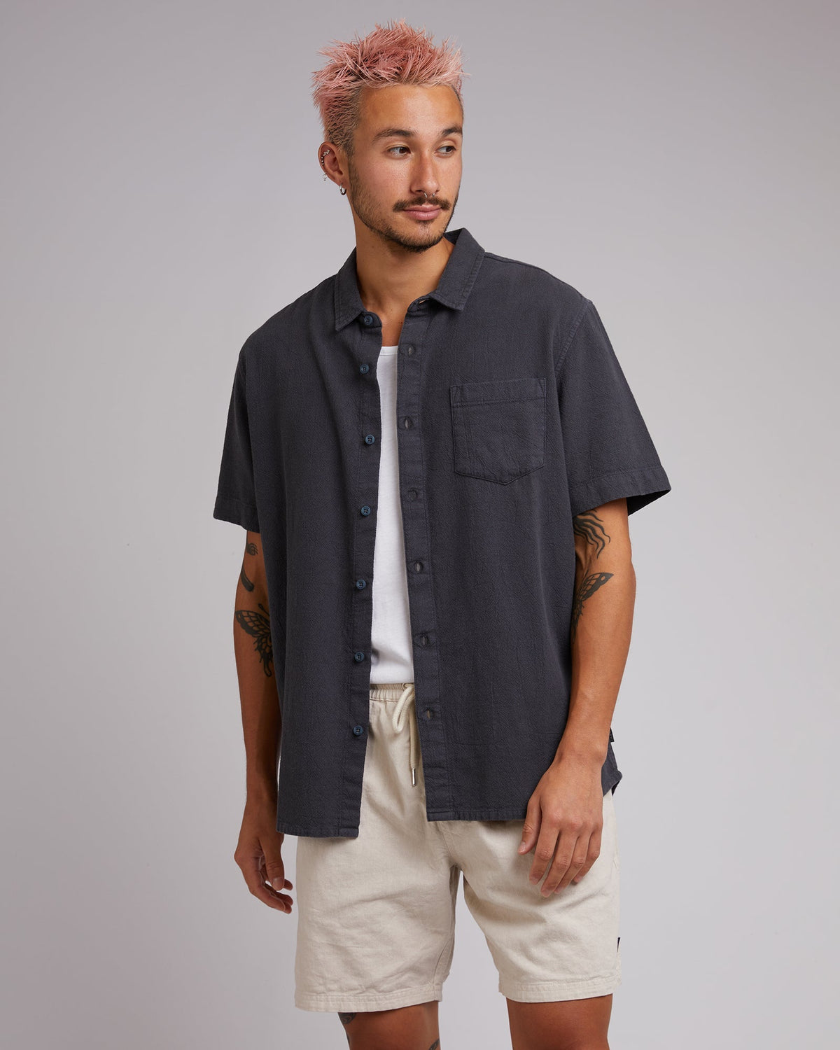 Silent Theory-Hemp Short Sleeve Shirt Charcoal-Edge Clothing