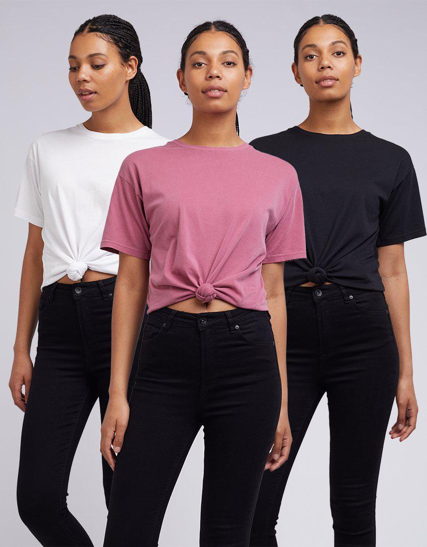 Silent Theory Ladies-Downtown Tie Tee 3Pk Wht/blk/rose White/black/rose-Edge Clothing